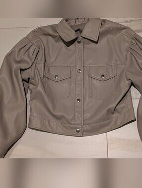 T Tahari taupe faux leather cropped jacket